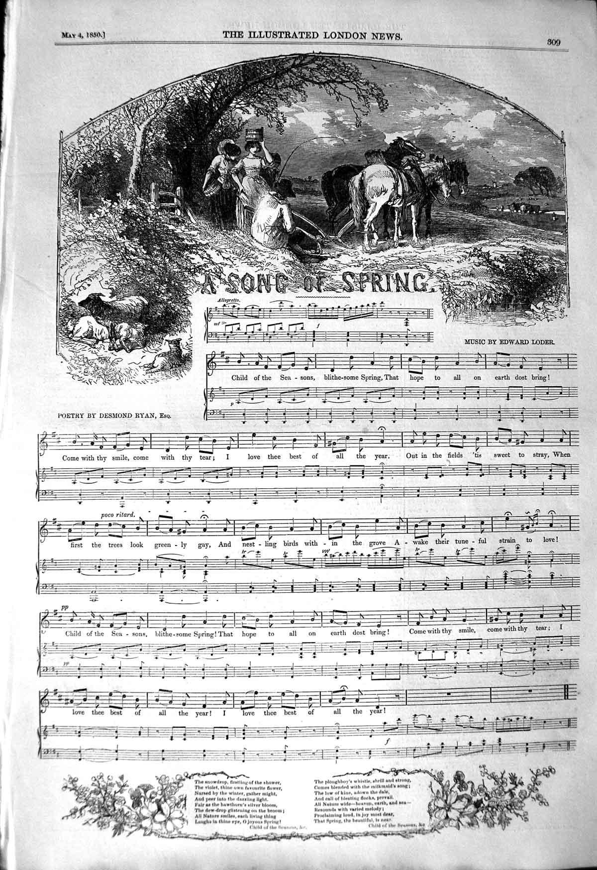 Original Old Antique Print 1850 Sheet Music Song Spring Edward Loder Ryan 19th