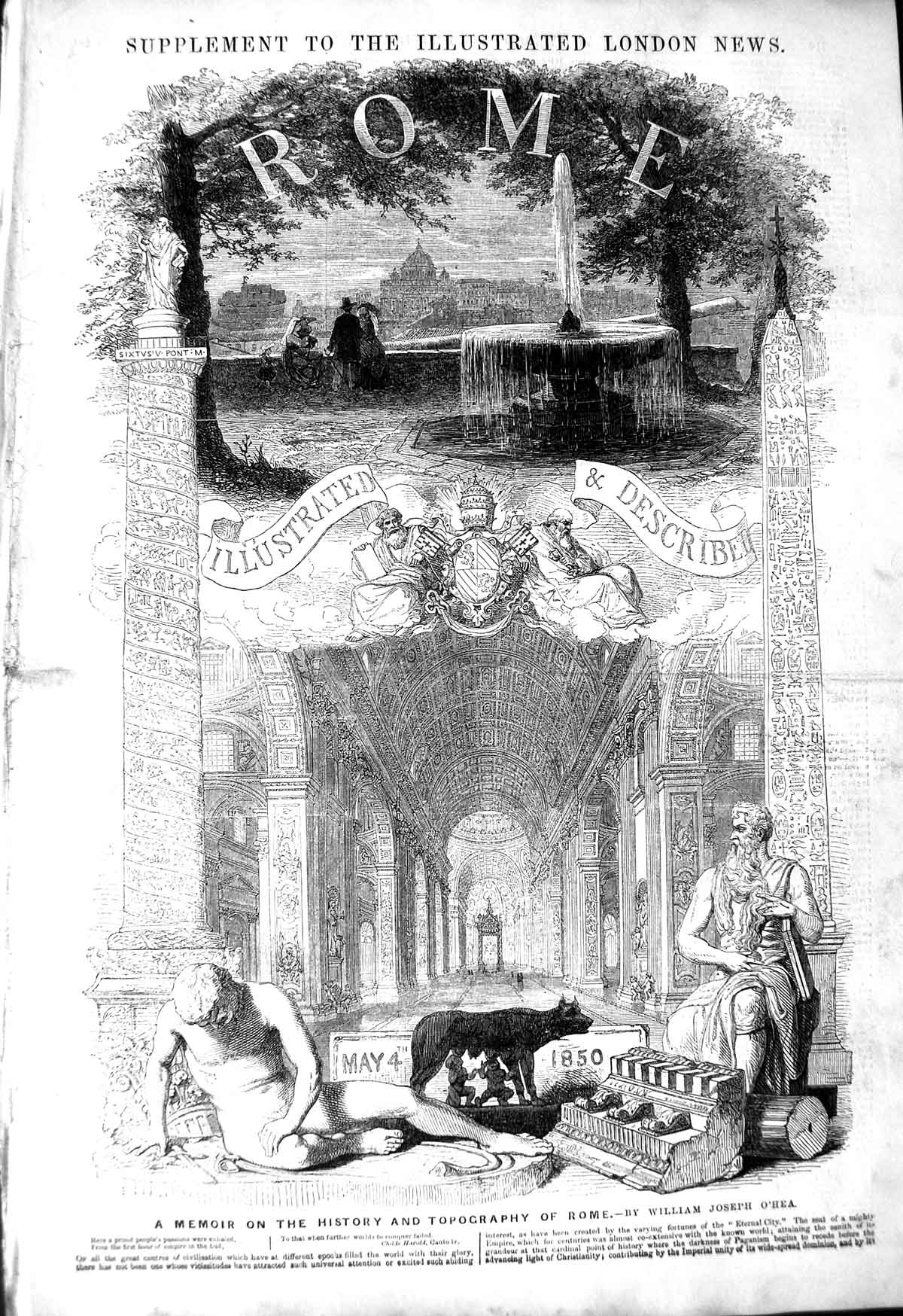 Original Old Antique Print 1850 Rome Monte Cavallo Drusus Colosseum P Victorian