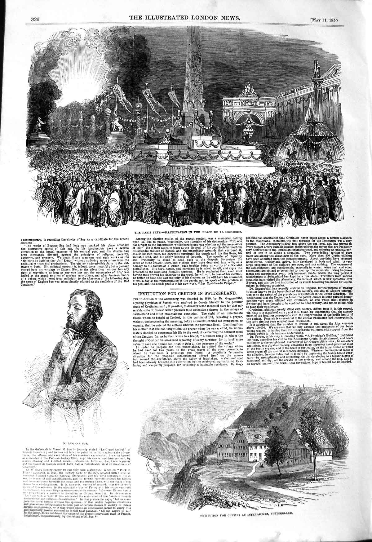 Old Antique Print 1850 Paris Fete Place Concorde Cretins Switzerland Sue 19th