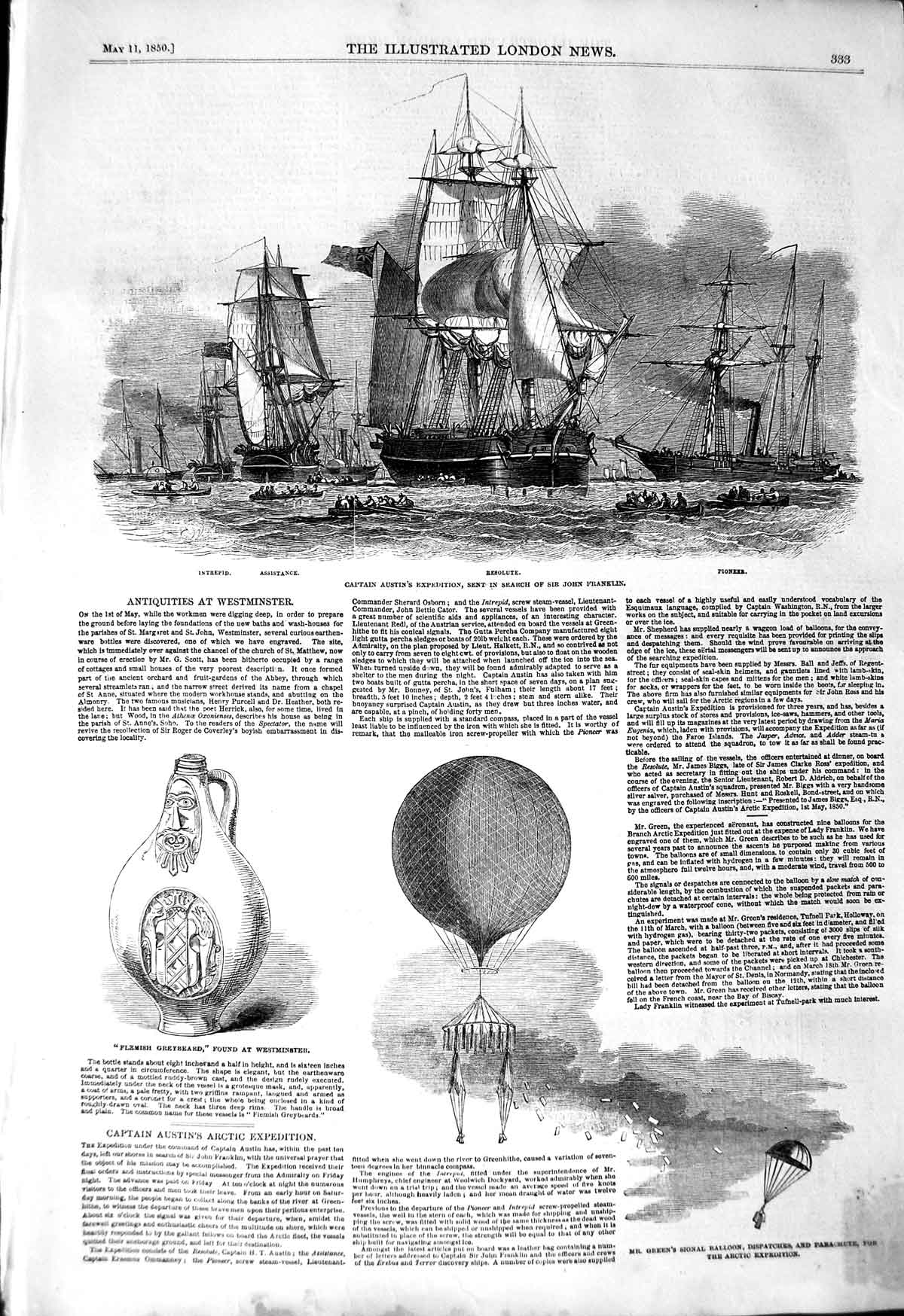 Old Antique Print 1850 Captain Austin John Franlin Resolute Green Balloon 19th