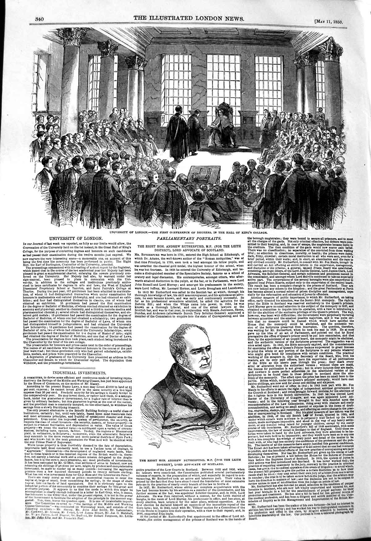 Original Old Antique Print 1850 Andrew Rutherfurd Scotland University London
