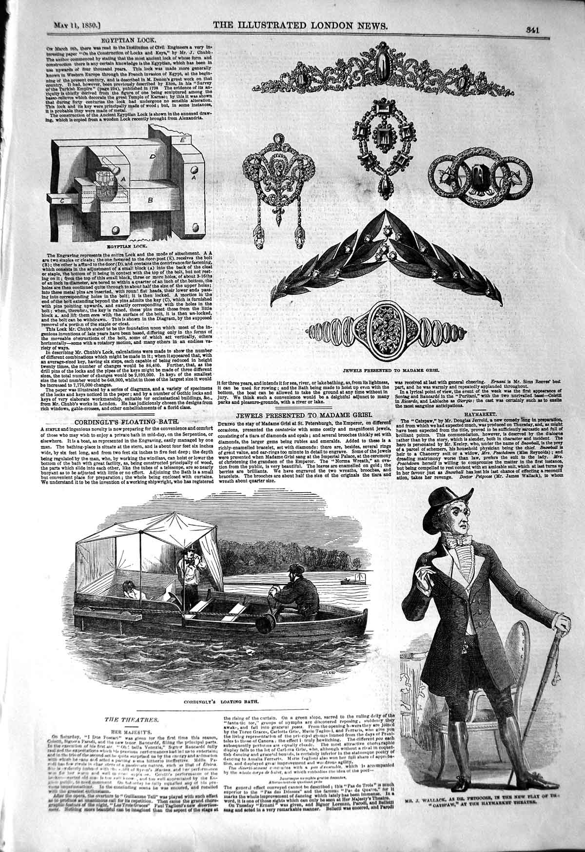 Original Old Antique Print 1850 Cordingly Floating Bath Jewels Grisi Wallack