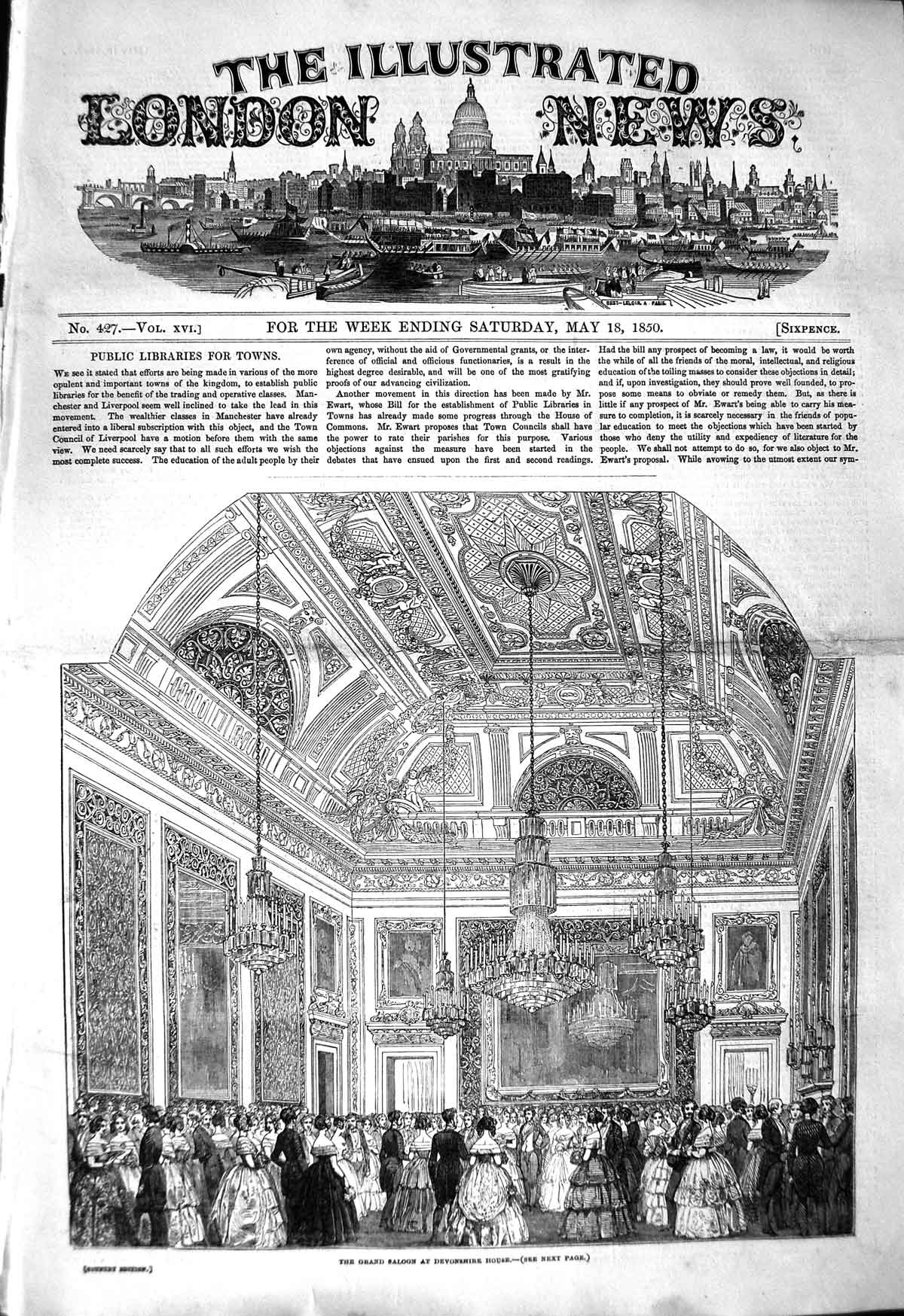 Old Antique Print 1850 Grand Saloon Devonshire House Dancing Men Ladies 19th