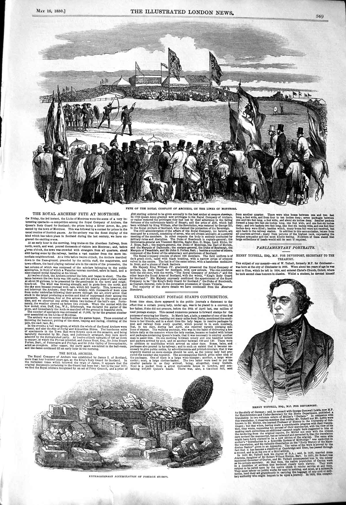 Original Old Antique Print 1850 Royal Archers Montrose Henry Tufnell Postag 19th