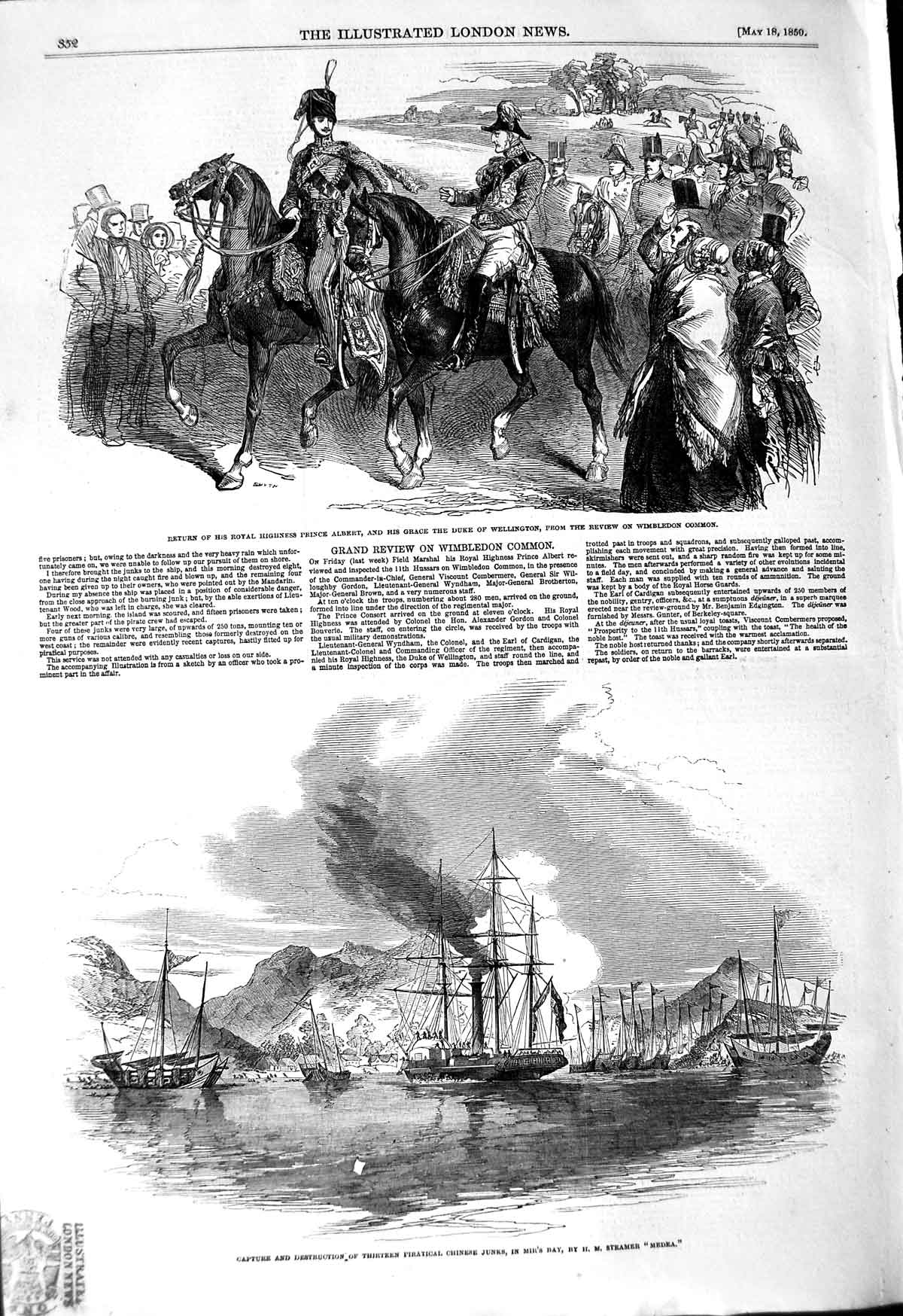 Original Old Antique Print 1850 Chinese Junks Mir'S Bay Ship Medea Duke Wel 19th