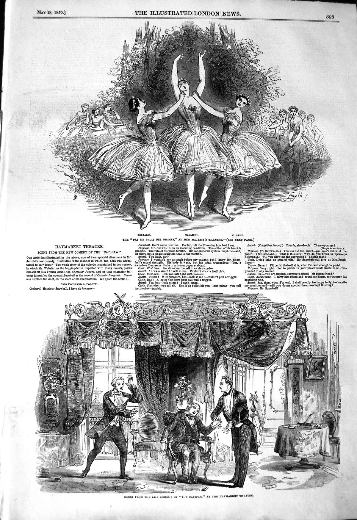 Original Old Antique Print 1850 Ferraris Grisi Taglioni Majesty Theatre Ha 19th