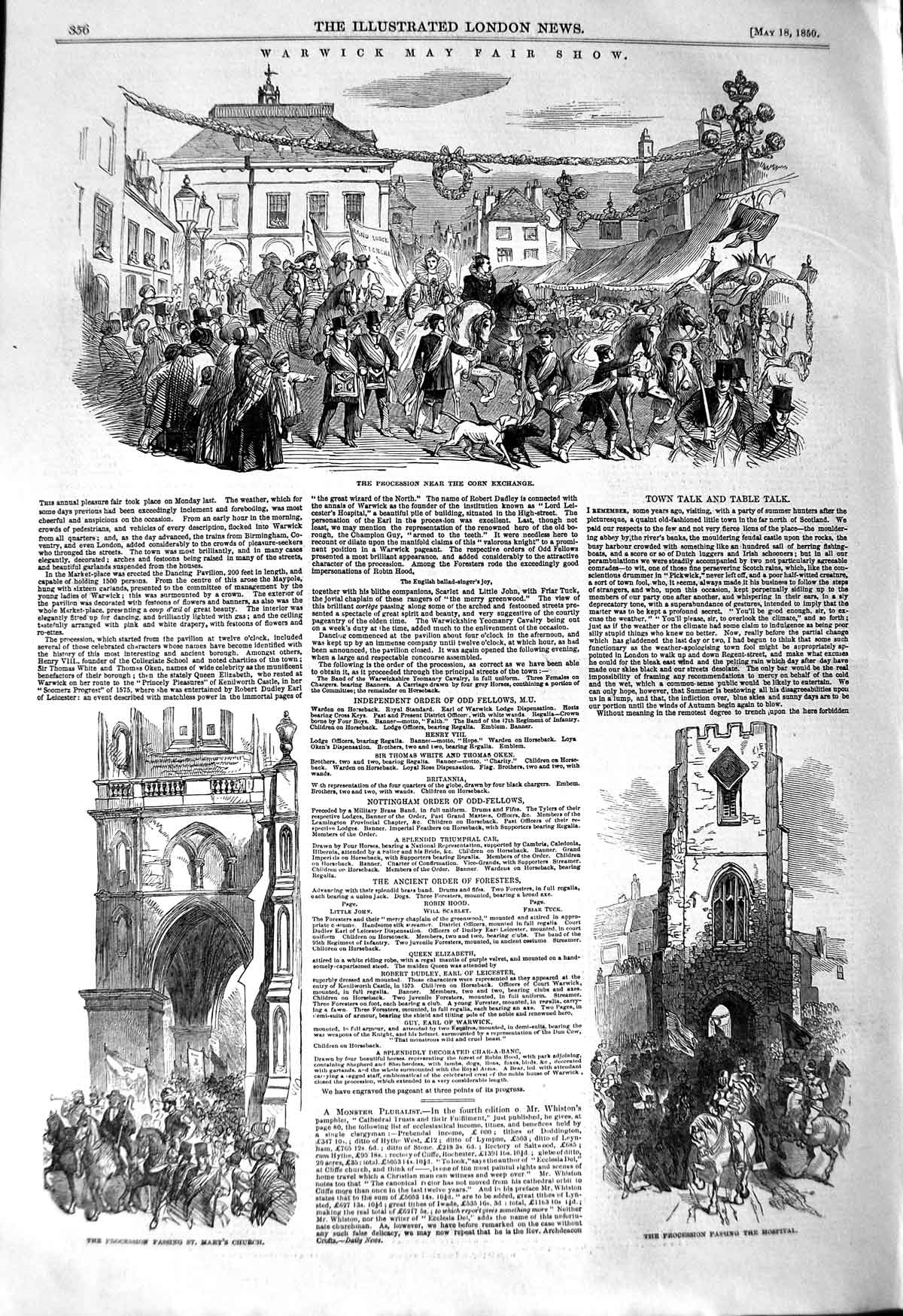 Old Antique Print 1850 Warwick Fair Corn Exchange Procession Mary Church 19th