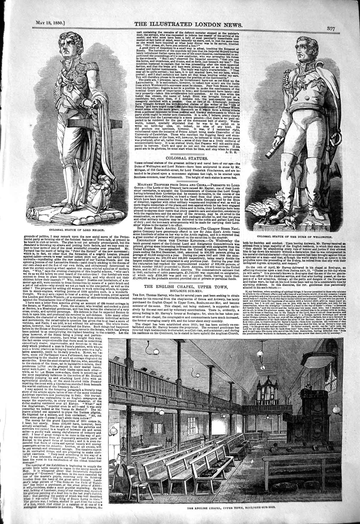 Original Old Antique Print 1850 Statue Nelson Duke Wellington Boulogne-Sur-Mer