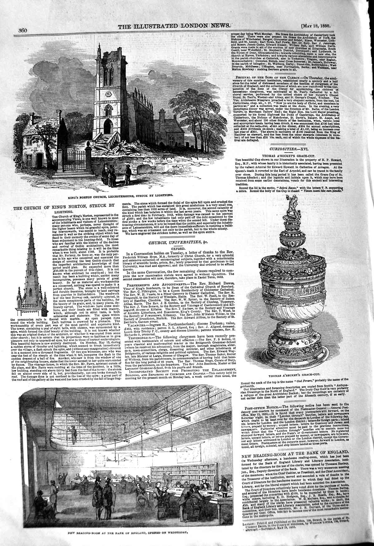 Old Antique Print 1850 King'S Norton Church Thomas A'Becket Bank England 19th