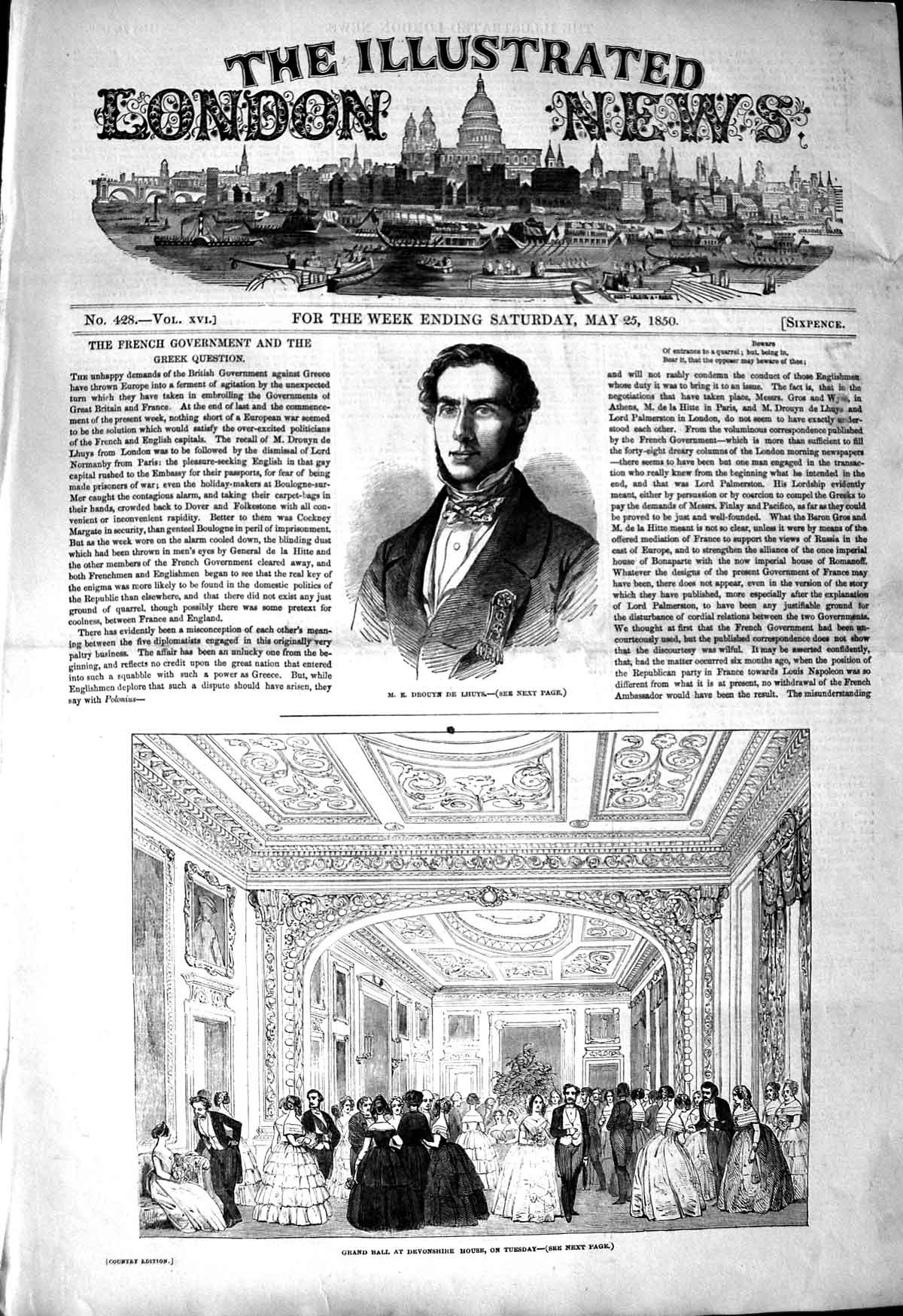 Original Old Antique Print 1850 Drouyn Lhuys Ball Devonshire House Victorian