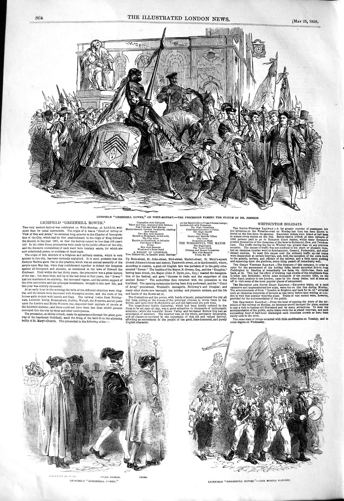 Original Old Antique Print 1850 Lichfield Greenhill Bower Statue Johnson 19th