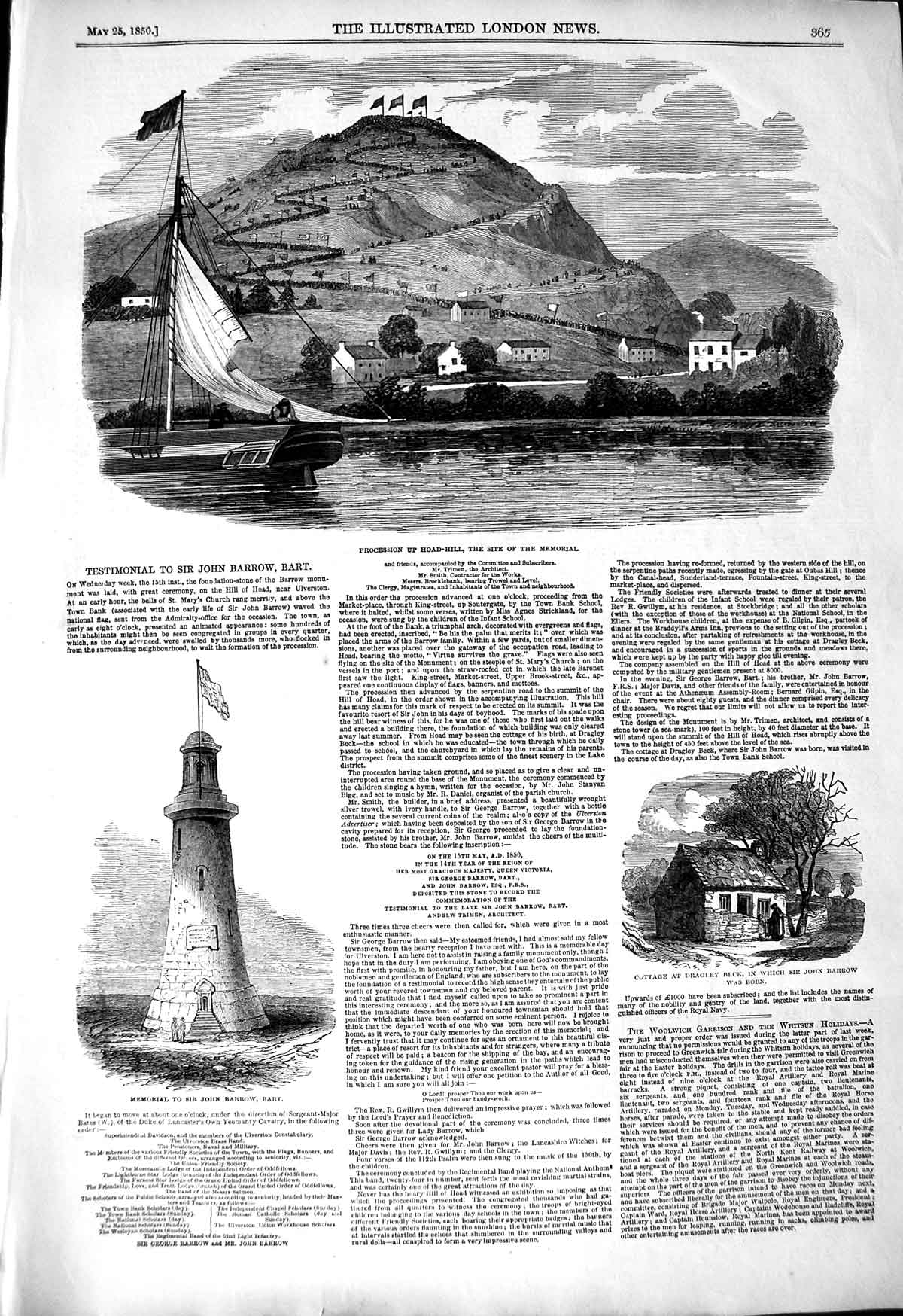 Original Old Antique Print 1850 Memorial John Barrow Hoad-Hill Cottage 19th