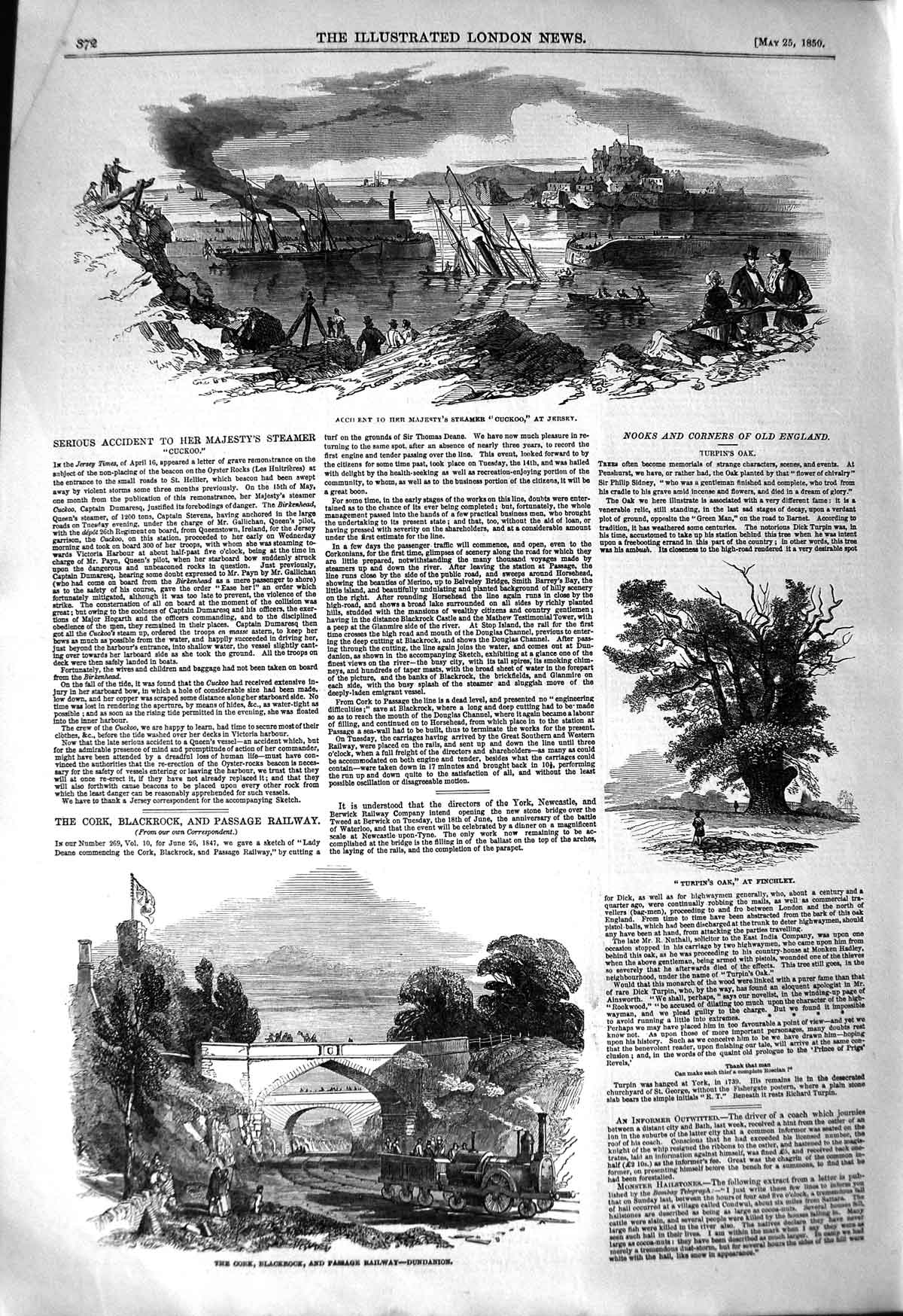 Old Antique Print 1850 Queen Steamer Cuckoo Jersey Railway Cork Blackrock 19th