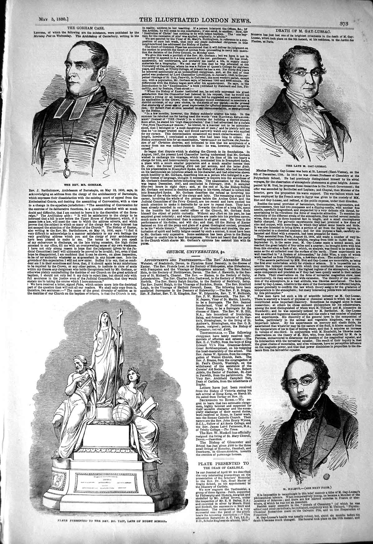 Old Antique Print 1850 Gorham Gay-Lussac Halevy Plate Tait Rugby School 19th