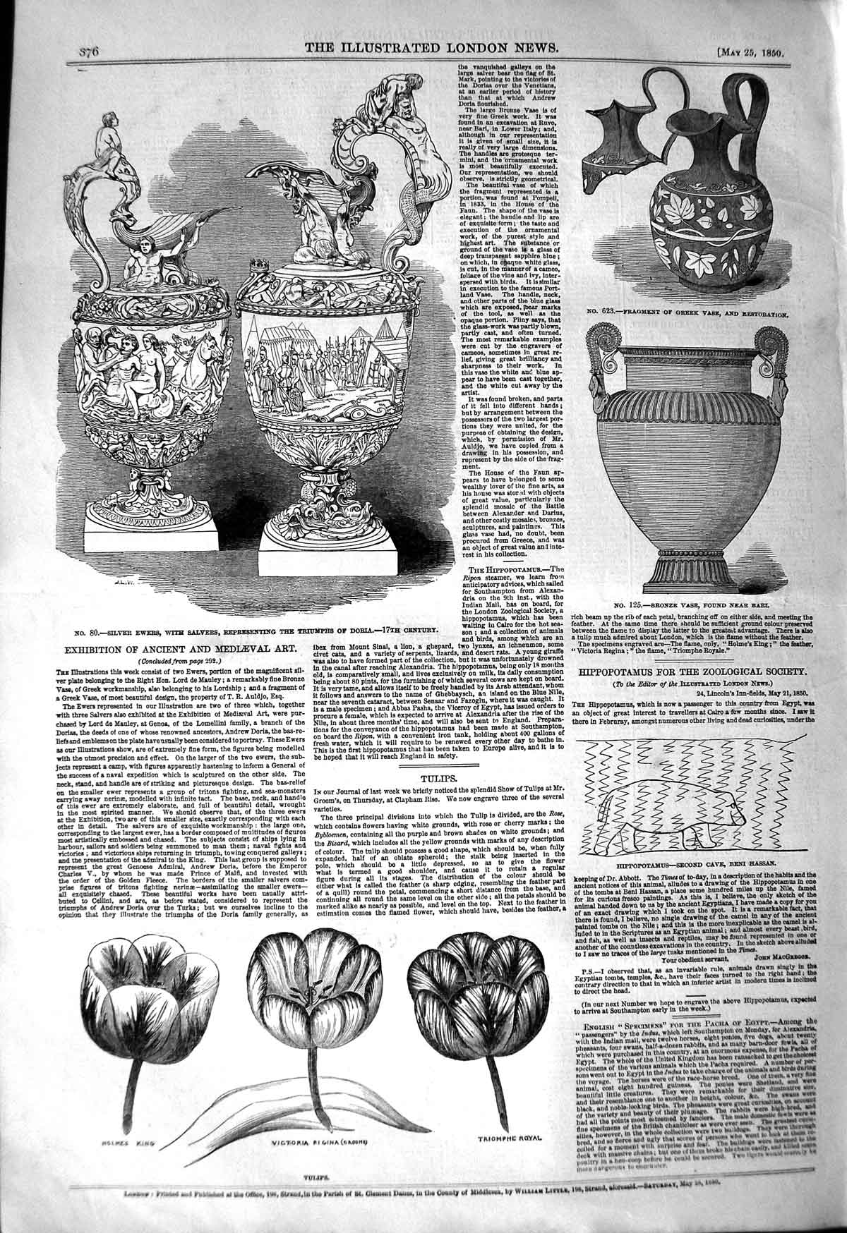 Original Old Antique Print 1850 Tulips Flowers Ancient Art Silver Ewers Va 19th