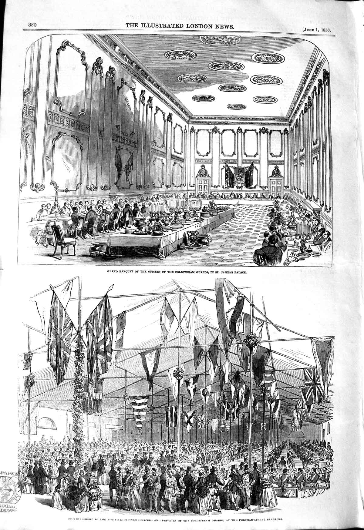 Original Old Antique Print 1850 Grand Banquet Cstream Guards James'S Palace