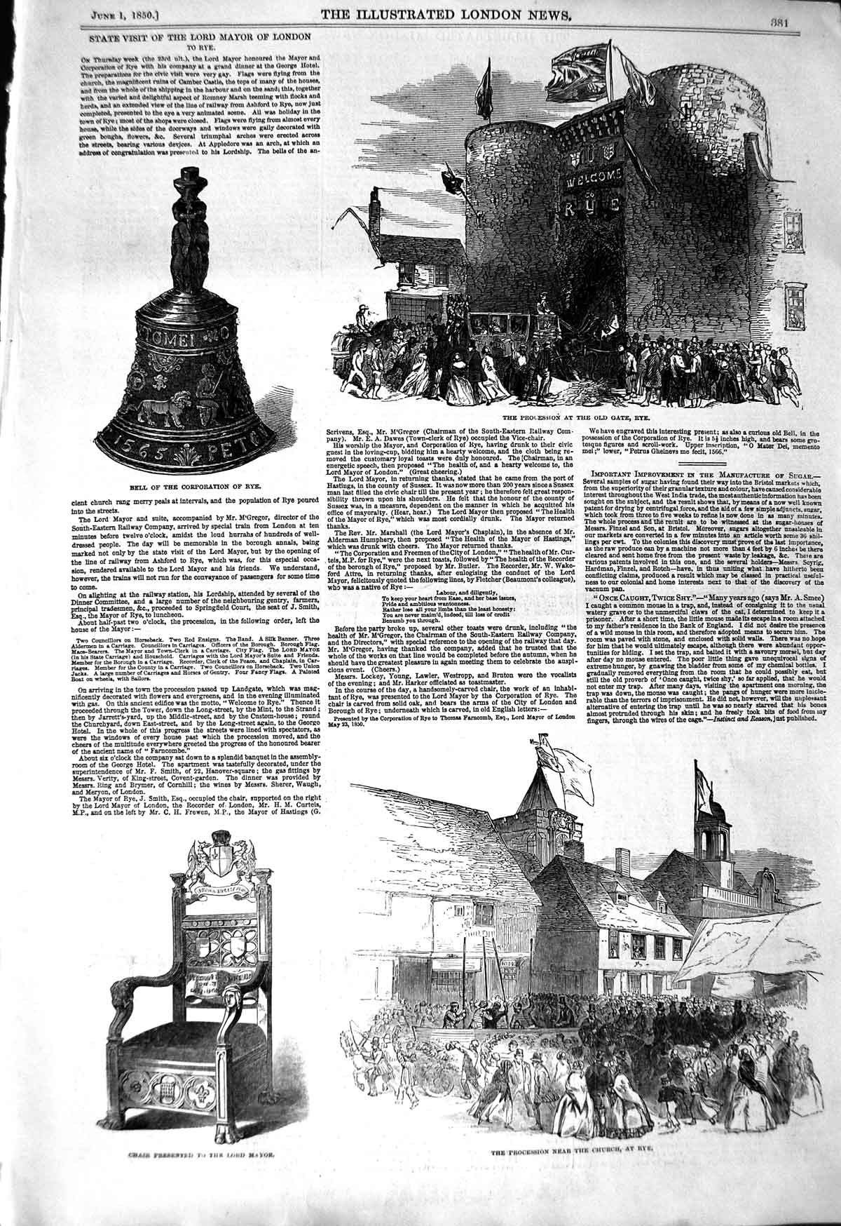 Original Old Antique Print 1850 Bell Corporation Rye Lord Mayor London Church