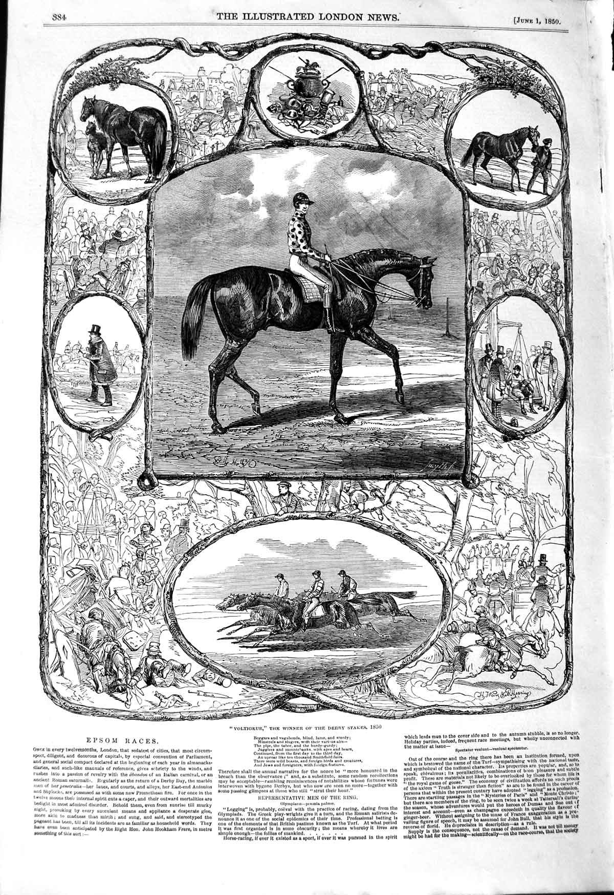 Original Old Antique Print 1850 Voltigeur Horse Derby Stakes Epsom Racin 19th