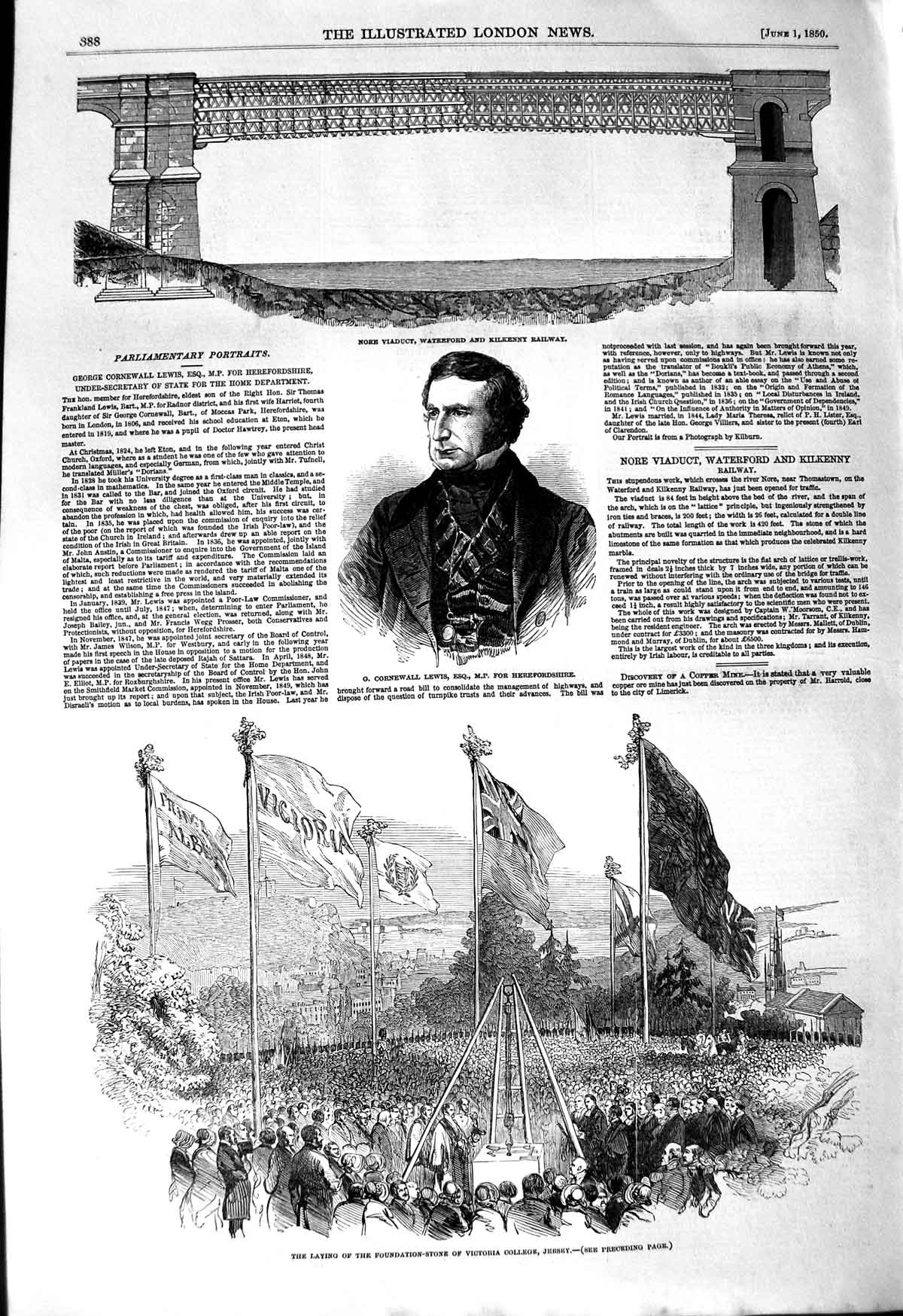 Original Old Antique Print 1850 Lewis Nore Viaduct Kilkenny Railway College 19th