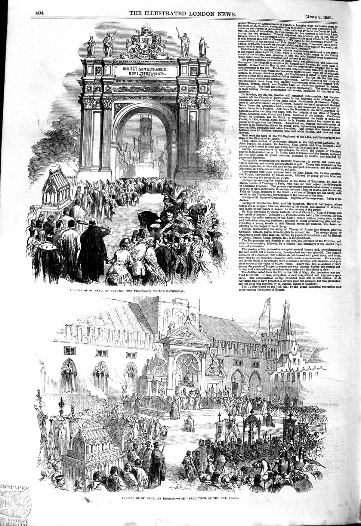 Original Old Antique Print 1850 Jubilee St. Sang Bruges Benediction Cathedral