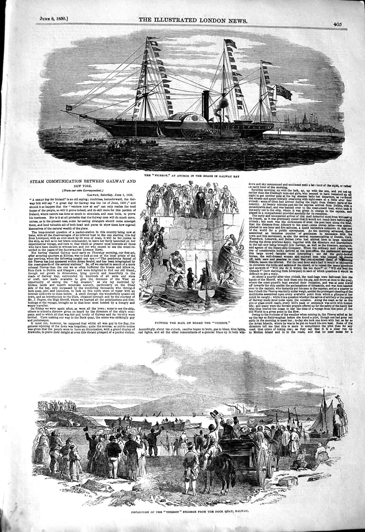Original Old Antique Print 1850 Viceroy Steamer Ship Dock Quay Galway Bay Mail
