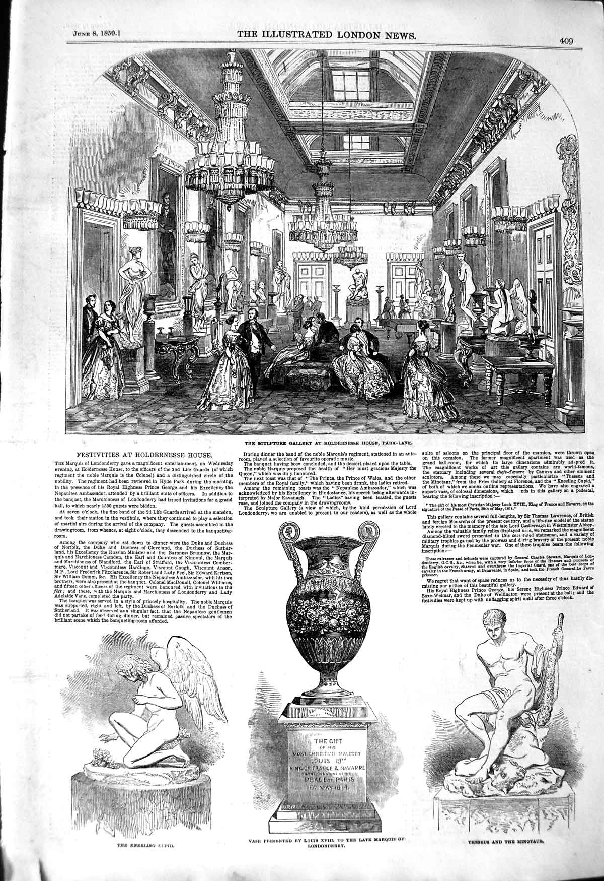 Original Old Antique Print 1850 Sculpture Gallery Hernesse Park-Lane Sculptures