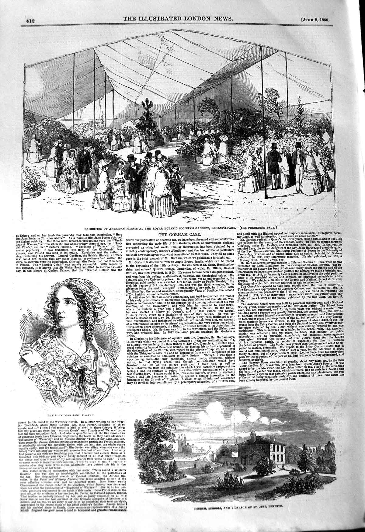 Old Antique Print 1850 American Plants Regent'S Jane Porter Church Just 19th