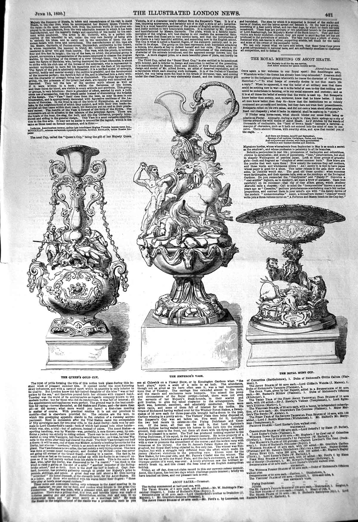 Original Old Antique Print 1850 Ascot Emperor'S Vase Royal Hunt Cup Queen'S G
