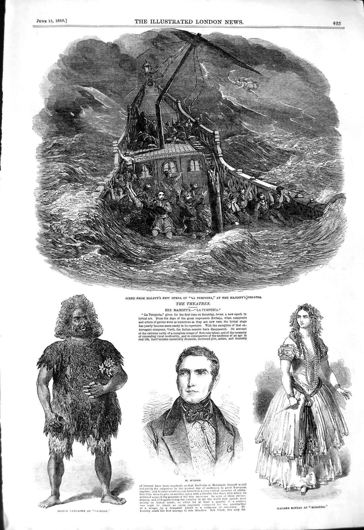 Old Antique Print 1850 Halevy Opera Majesty'S Theatre Lablache Tempesta 19th
