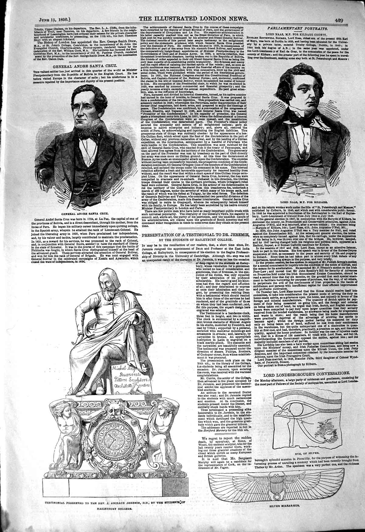 Original Old Antique Print 1850 General Andre Cruz Lord Naas Jeremie Haileybury