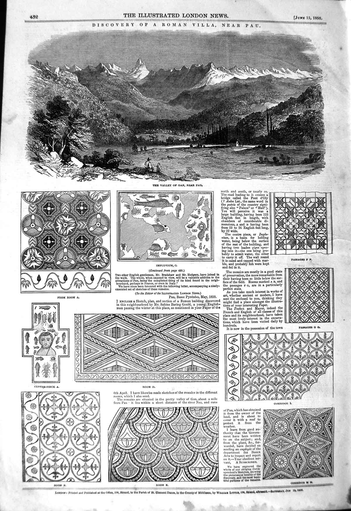 Original Old Antique Print 1850 Roman Villa Valley Gan Pau Arch 19th