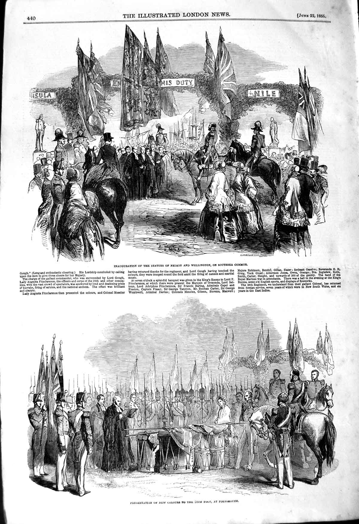 Old Antique Print 1850 Statue Nelson Wellington Southsea Portsmouth Army 19th