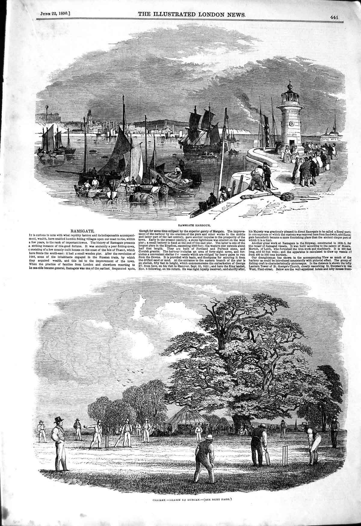 Original Old Antique Print 1850 Ramsgate Harbour Lighthouse Boats Cricket Sport