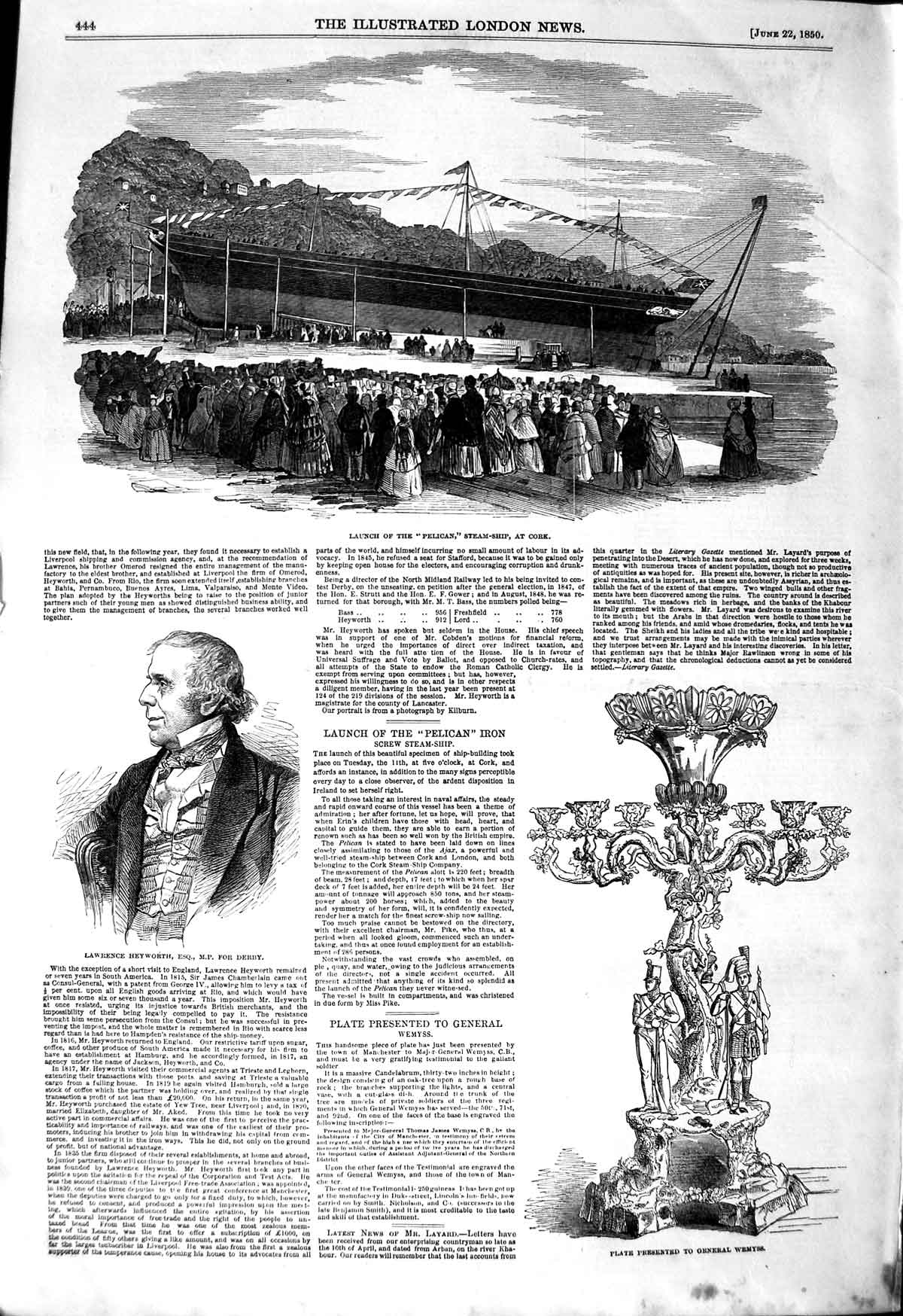 Old Antique Print 1850 Pelican Steam Ship Cork Lawrence Heyworth Wemyss 19th