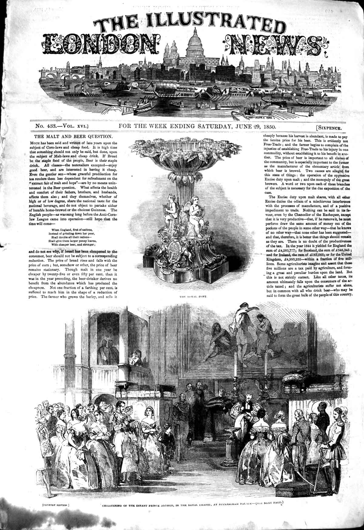 Original Old Antique Print 1850 Royal Font Prince Arthur Christening Buckingham