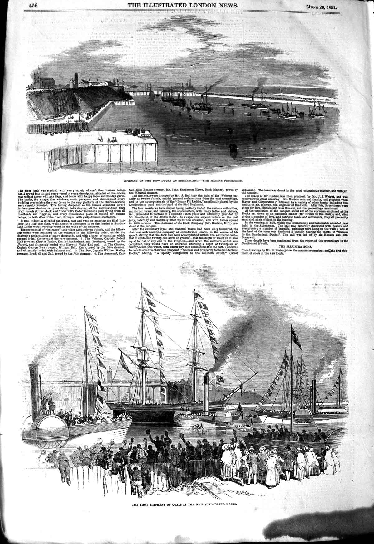 Old Antique Print 1850 Docks Sunderland Ships Shipment Coals Procession 19th
