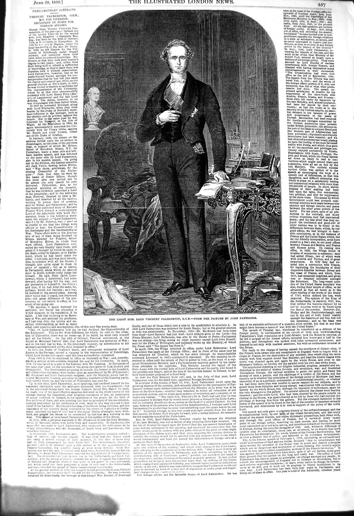 Original Old Antique Print 1850 Portrait Lord Viscount Palmerston Victorian