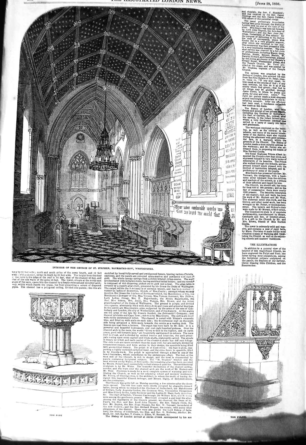 Original Old Antique Print 1850 Church Stephen Rochester-Row Westminster 19th