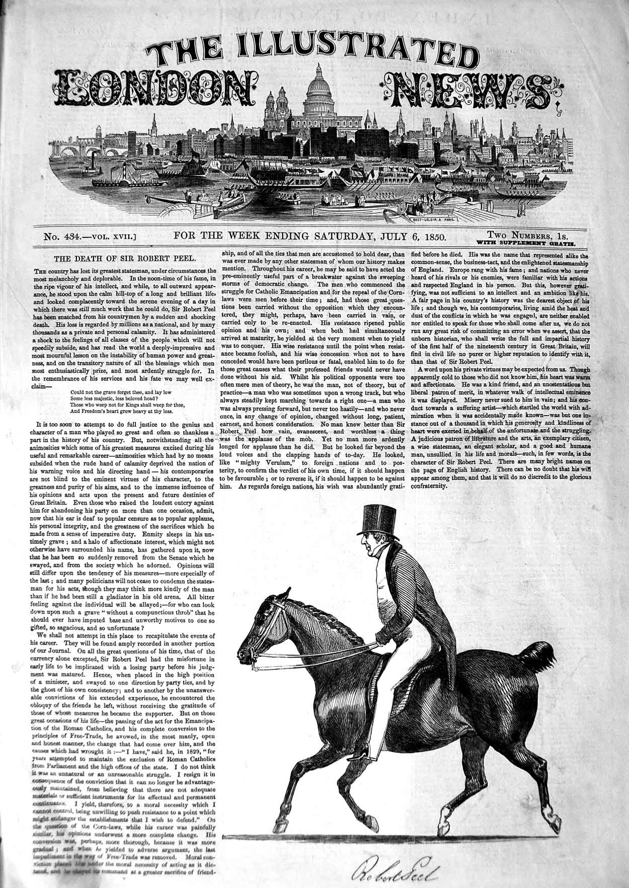 Original Old Antique Print 1850 Portrait Robert Peel Horse Riding Victorian