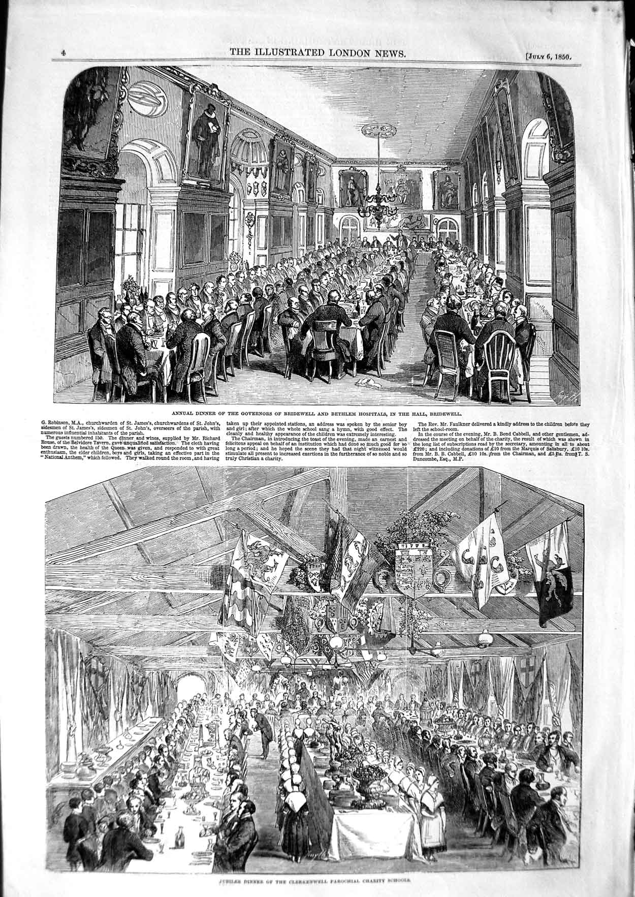 Old Antique Print 1850 Dinner Governor Bridewell Bethlem Hospital School 19th