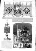 Original Old Antique Print 1850 Exeter College Gardens Archaeology Institute