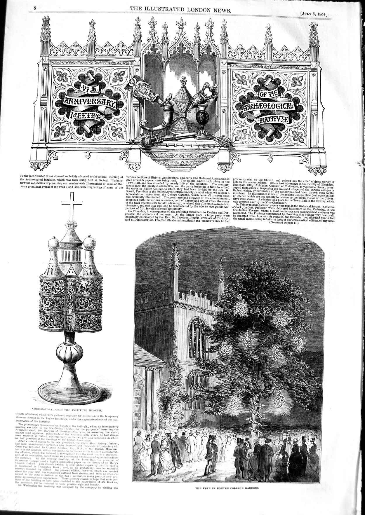 Original Old Antique Print 1850 Exeter College Gardens Archaeology Institute