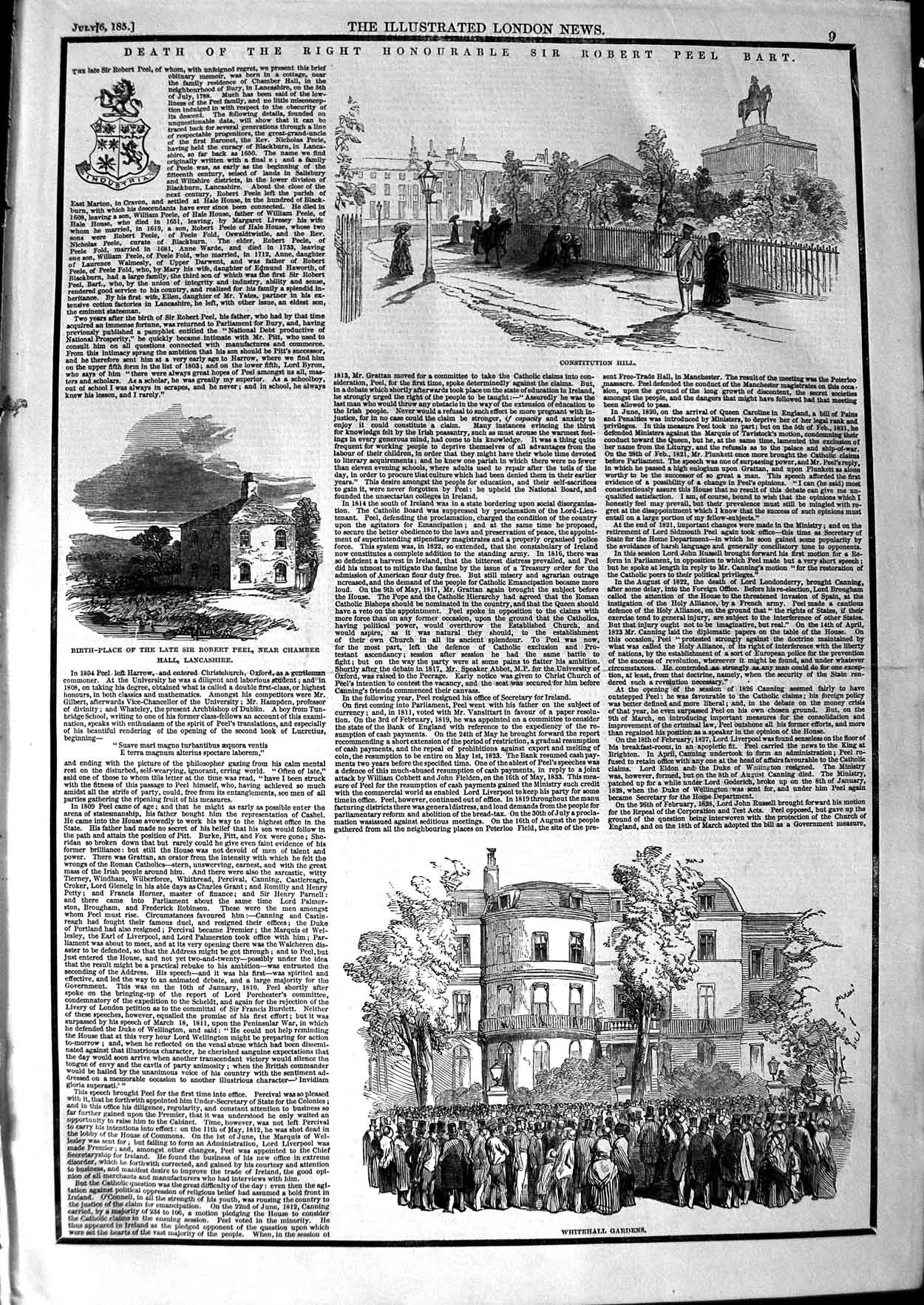 Original Old Antique Print 1850 Robert Peel Whitehall Gardens Constitution Hill