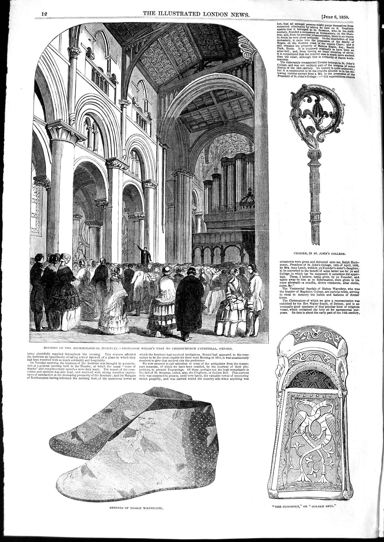 Original Old Antique Print 1850 Willis Christchurch Cathedral Oxford Waynflete