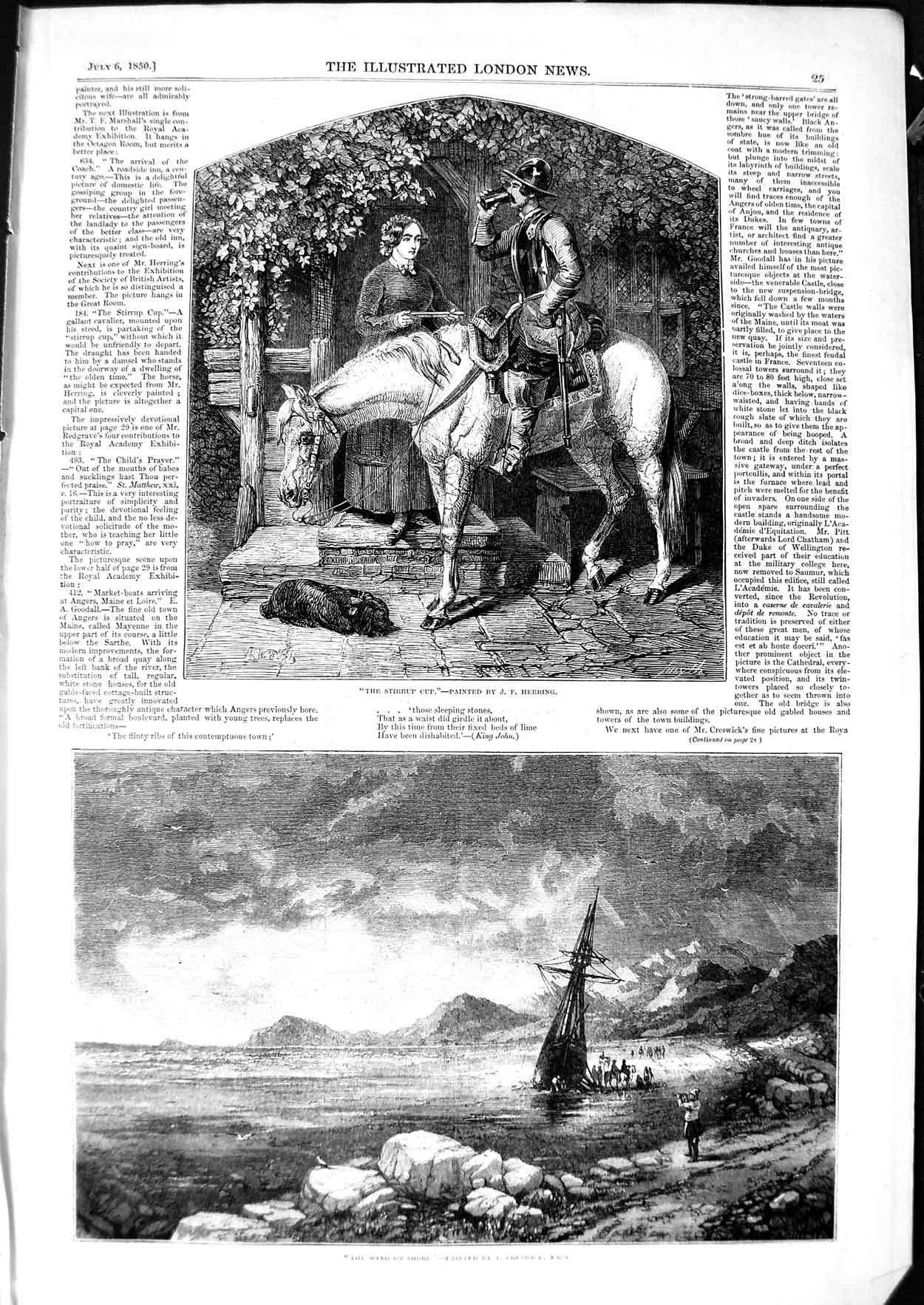 Original Old Antique Print 1850 Wind Shore Ship Wreck Creswick Sier Horse 19th