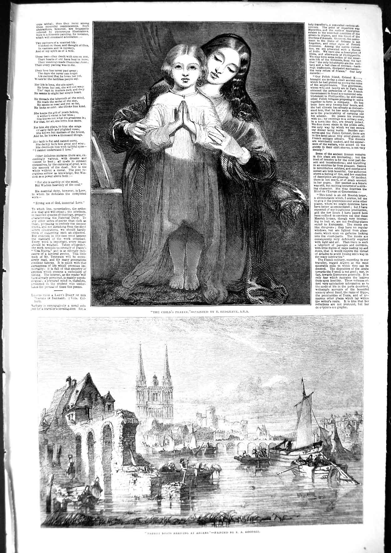 Original Old Antique Print 1850 Market Boats Angers Paris Fashion Straw Bonnet