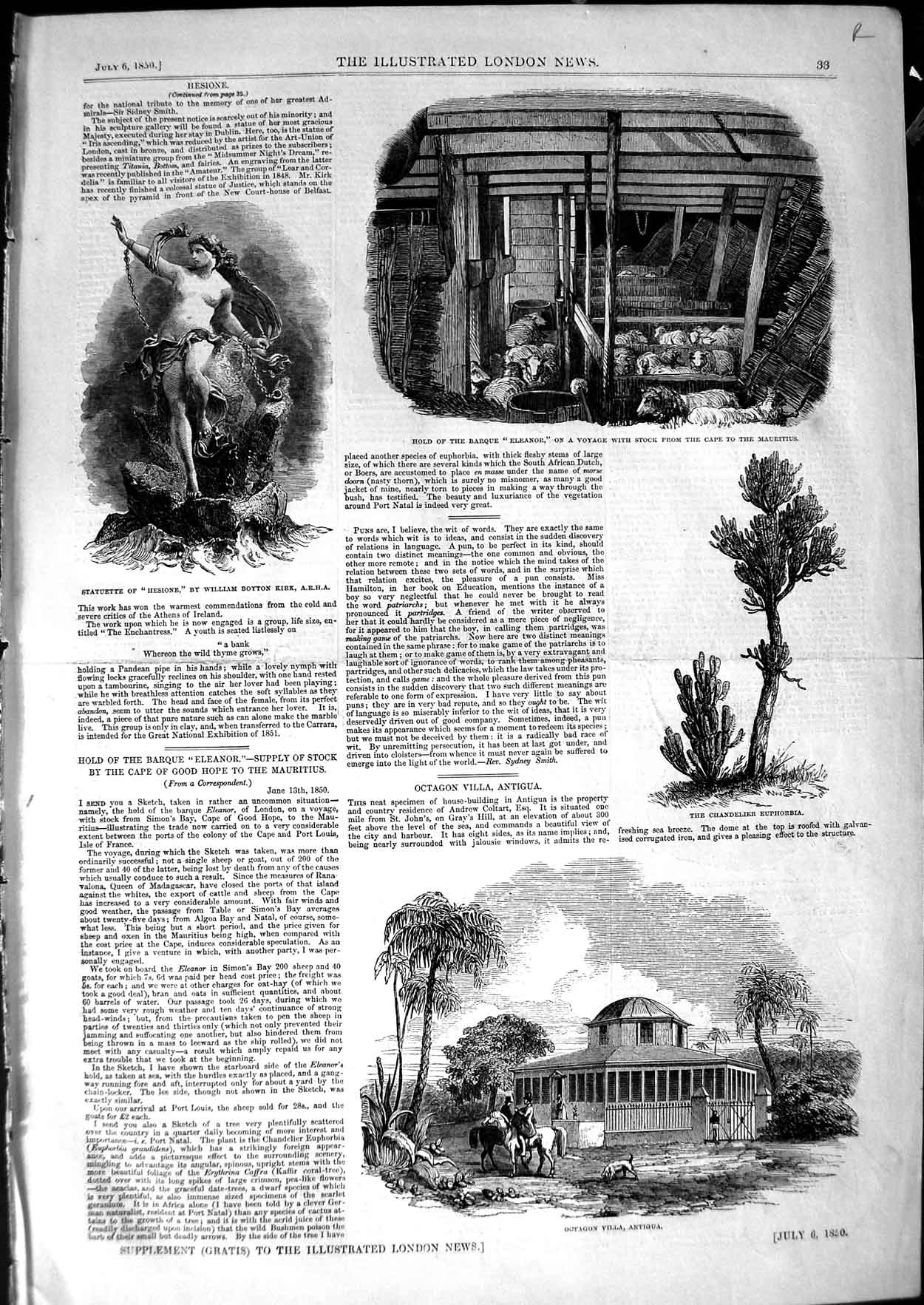 Old Antique Print 1850 Villa Antigua Eleanor Ship Heisone Nest Pensilis 19th