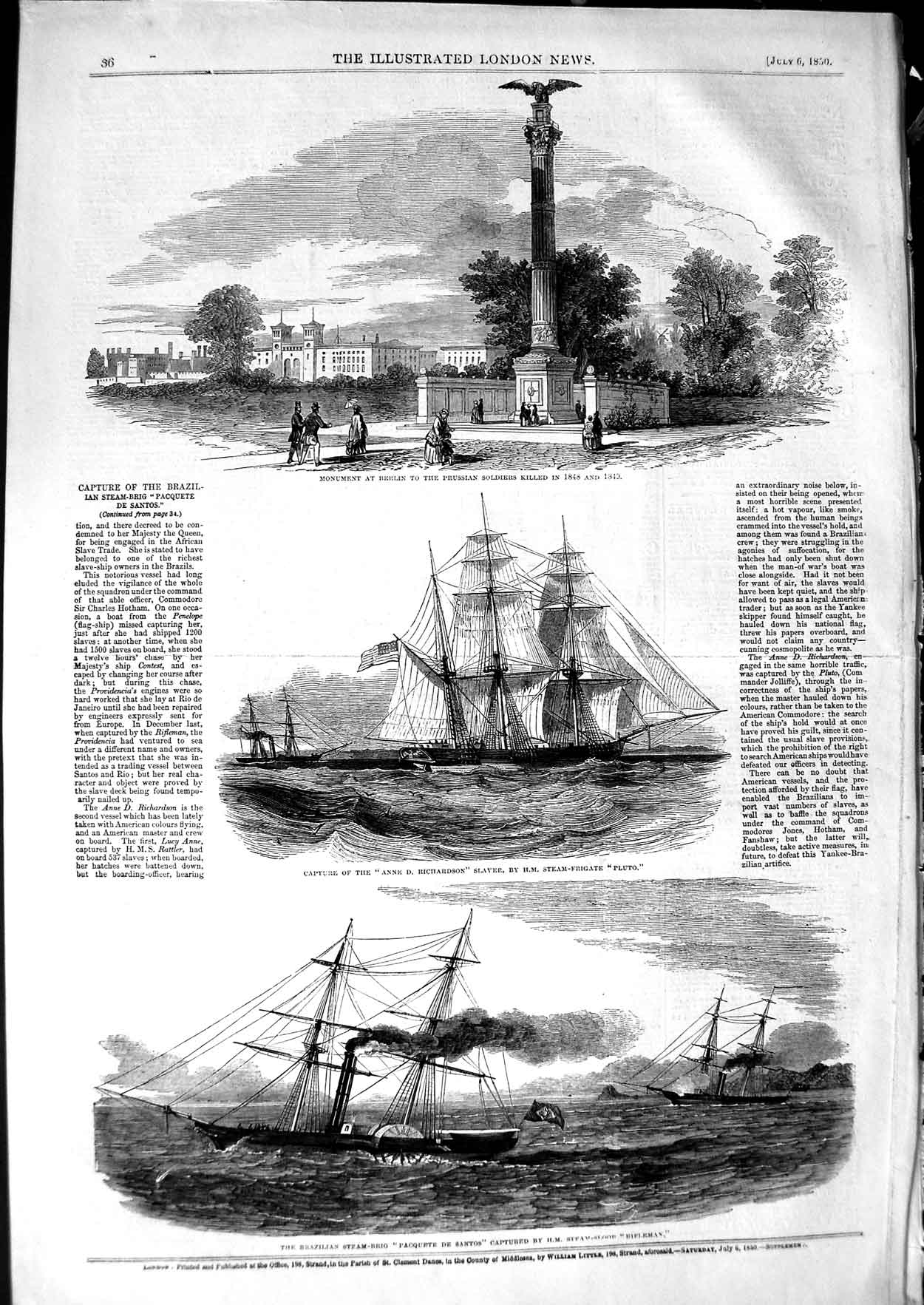 Original Old Antique Print 1850 Ship Pacquete Santos Richardson Slaver Pluto