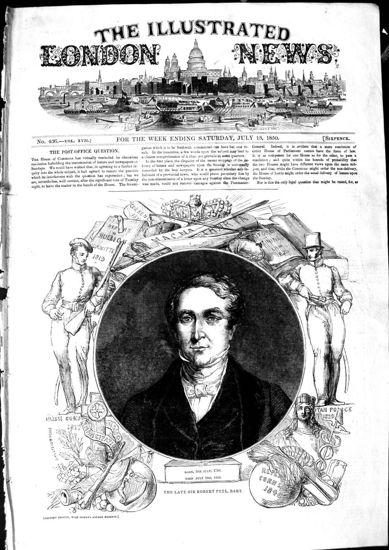 Original Old Antique Print 1850 Portrait Sir Robert Peel Bart 19th