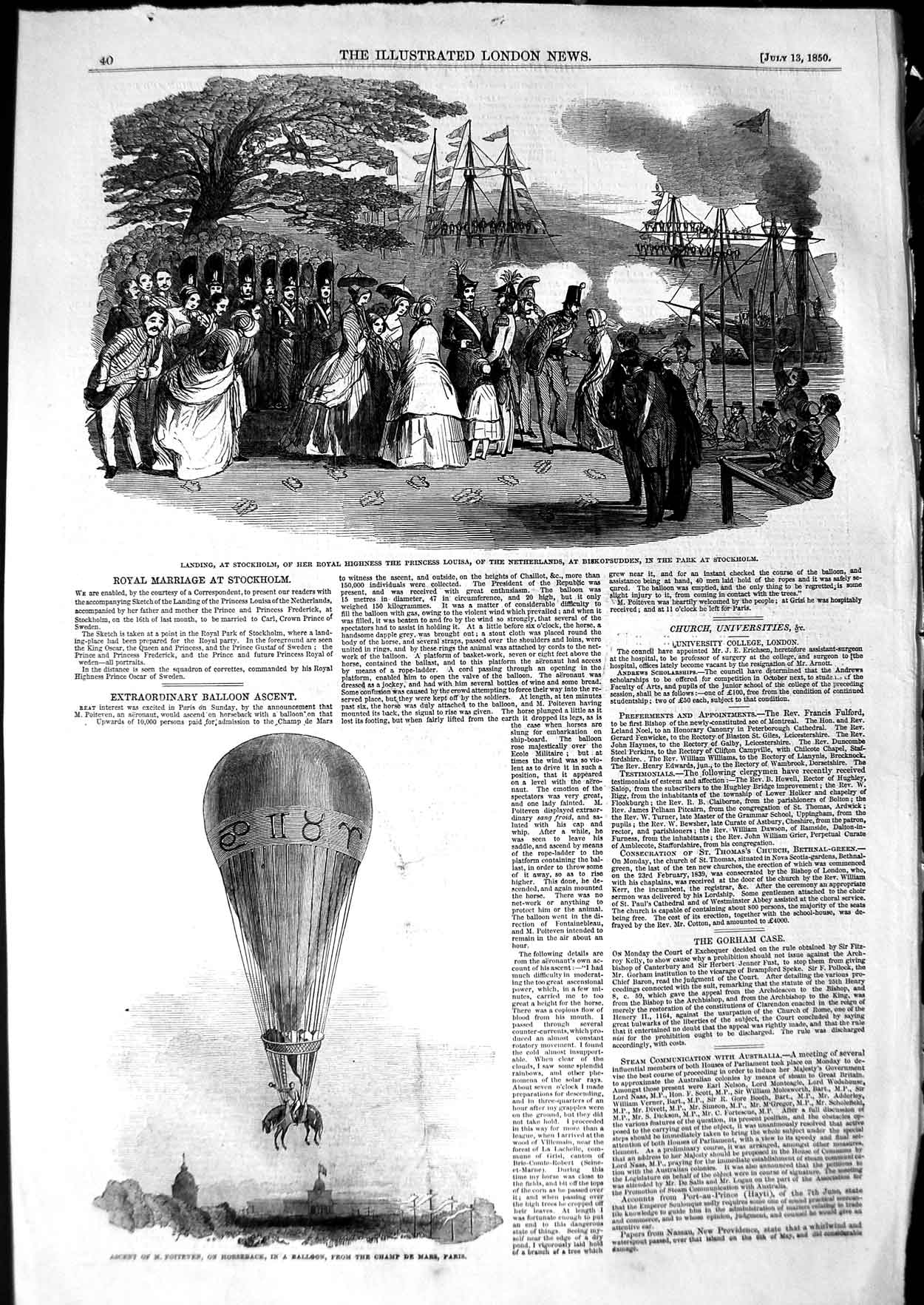 Old Antique Print 1850 Poiteven Horseback Balloon Paris Stockholm Louisa 19th